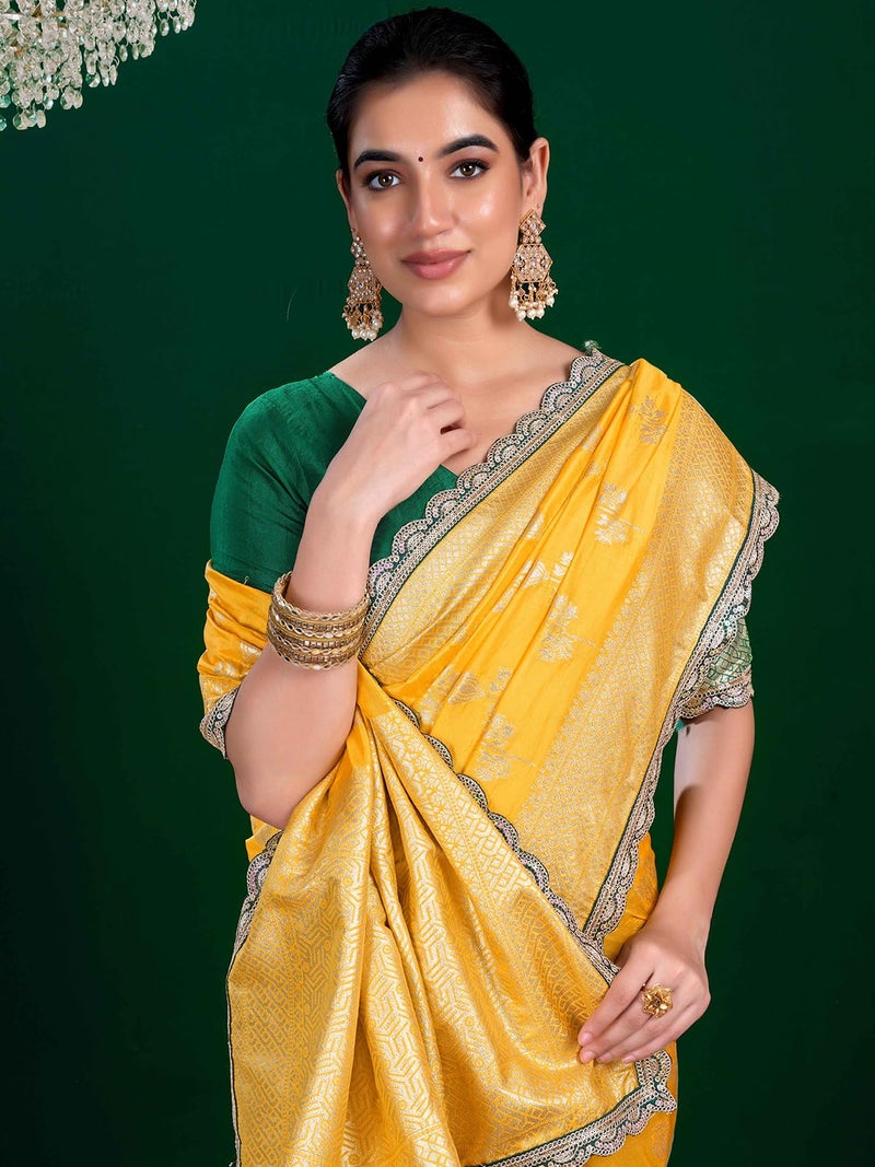 Satrani Women's Banarasi Silk Weaving Saree with Unstitched Blouse Piece (4231S402N_Yellow) - Image 4