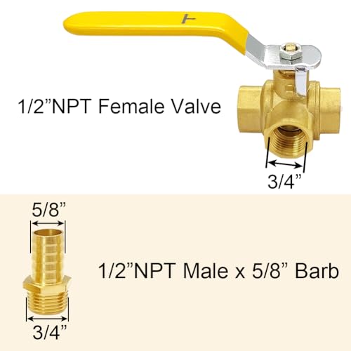 Joywayus Brass 3 Way TPort 12 NPT Ball Valve with 58 Hose Barb AntiRust Forged Brass Shut Off Valve Fitting with Lever Handle - Image 3