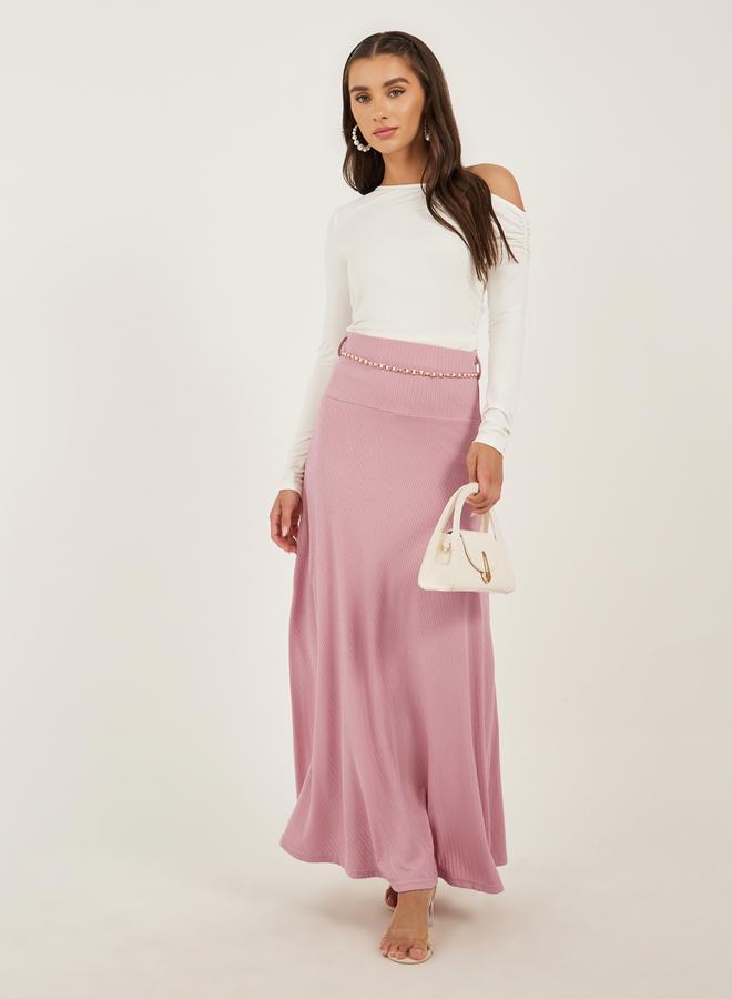 Styli Styli Pink Knitted A-Line Maxi Skirt with Chain Belt Detail  - Image 1
