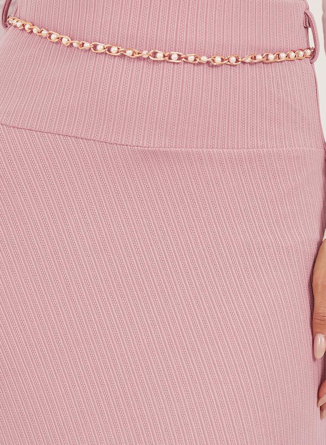 Styli Styli Pink Knitted A-Line Maxi Skirt with Chain Belt Detail  - Image 3