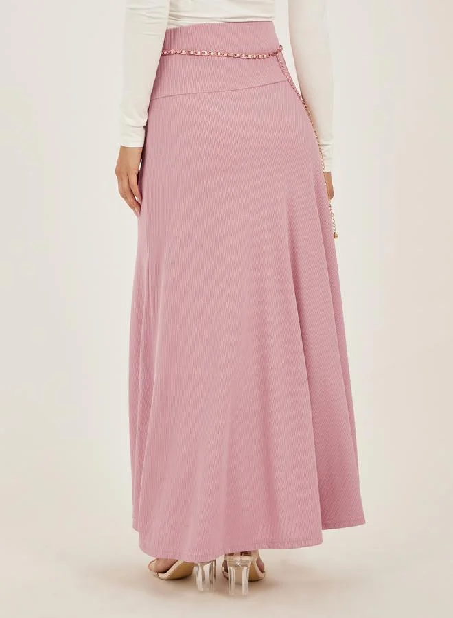 Styli Pink Knitted A-Line Maxi Skirt with Chain Belt Detail