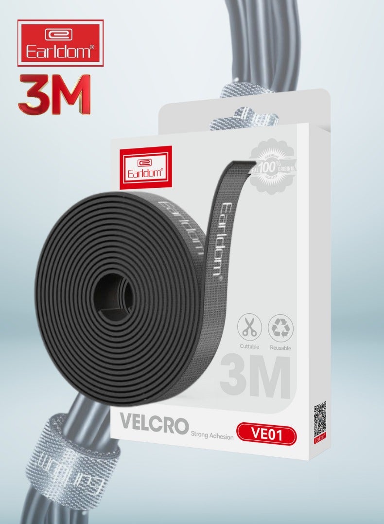 Earldom 3M Strong Velcro Cable Organizer – Reusable & Cuttable Wire Ties for USB, PC, Phone, Mouse – Black Nylon Cord Management Strap - Image 1