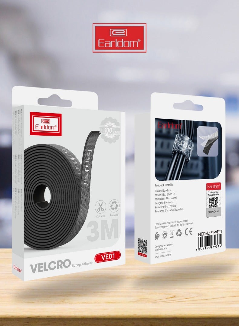 Earldom 3M Strong Velcro Cable Organizer – Reusable & Cuttable Wire Ties for USB, PC, Phone, Mouse – Black Nylon Cord Management Strap - Image 2