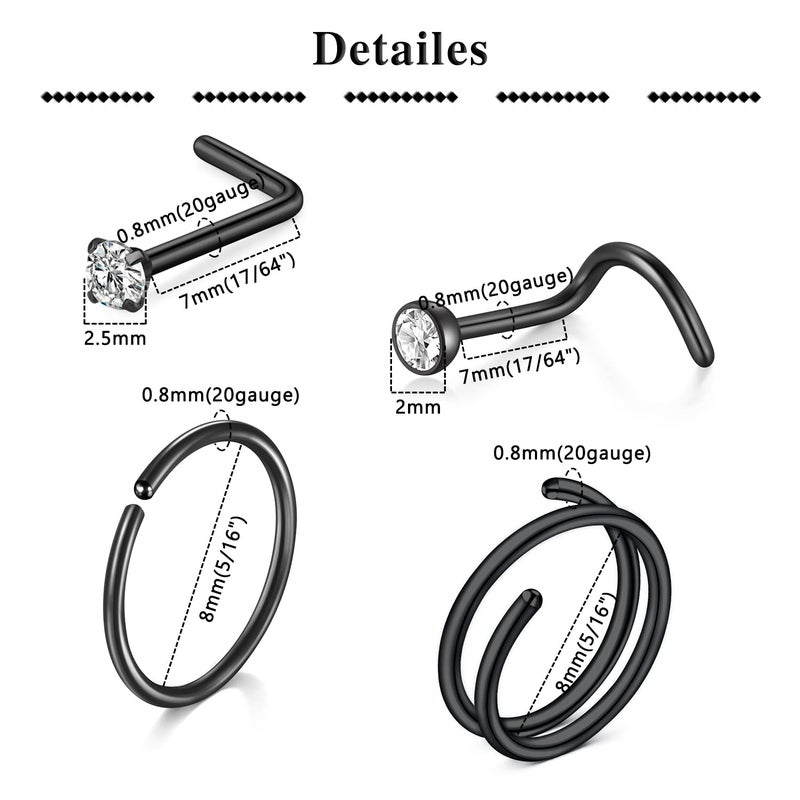 QWALIT Nose Rings Nose Rings Hoops Nose Piercings Nose Piercing Jewelry Nose Rings for Women Nose Ring Surgical Steel Nose Ring 20g Hoop Nose Ring Black - Image 2