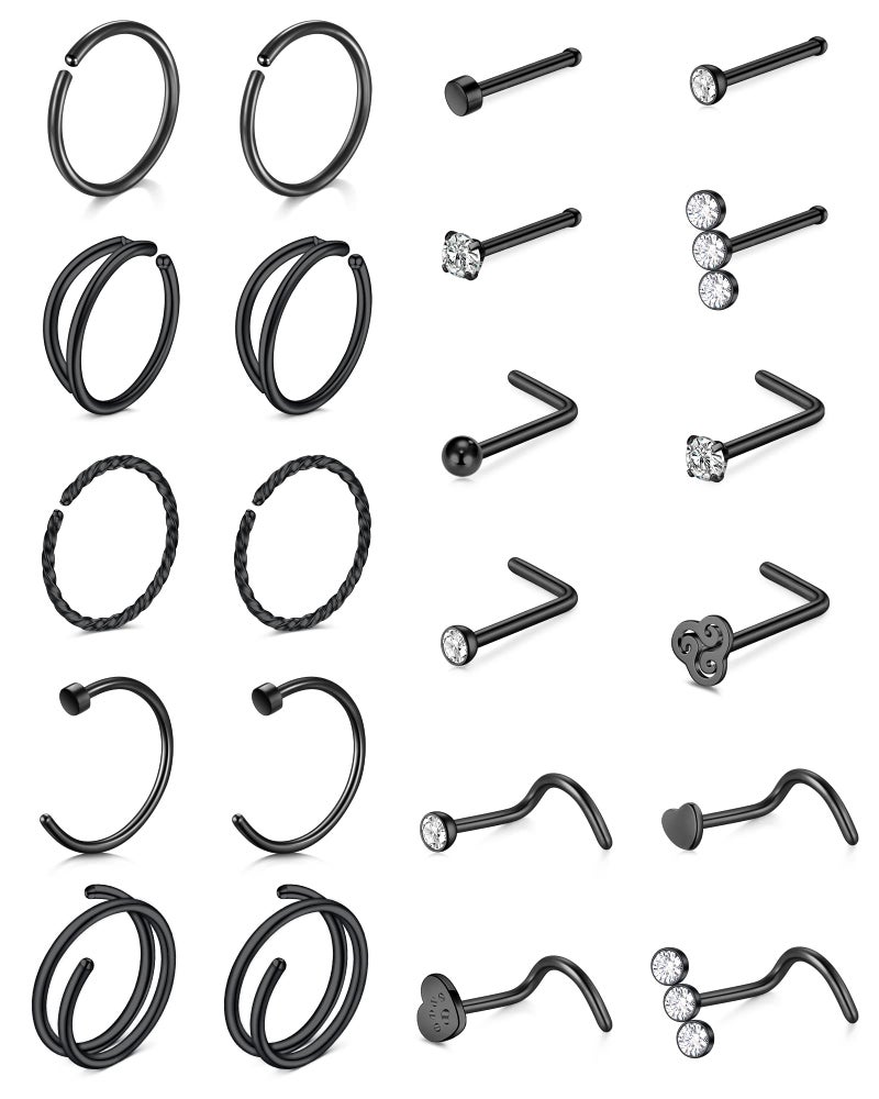 QWALIT Nose Rings Nose Rings Hoops Nose Piercings Nose Piercing Jewelry Nose Rings for Women Nose Ring Surgical Steel Nose Ring 20g Hoop Nose Ring Black - Image 1