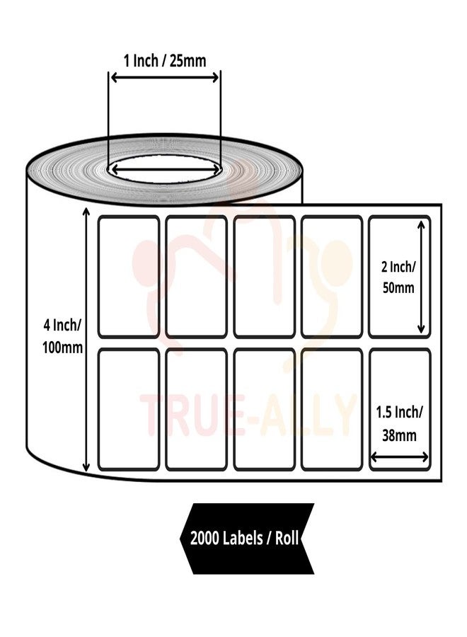 True-Ally ملصق باركود حراري مباشر من True-Ally 50x38 - 2 × 1.5 بوصة - 50 مم × 38 مم - لفتان - 2000 ملصق لكل لفة - ملصق أبيض ذاتي اللصق لطباعة الباركود (لفتان لكل عبوة (4000 ملصق)) - Image 2
