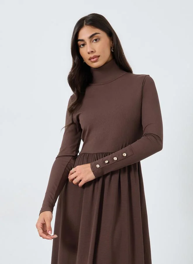 Styli Brown Ribbed Turtle Neck Midi Dress