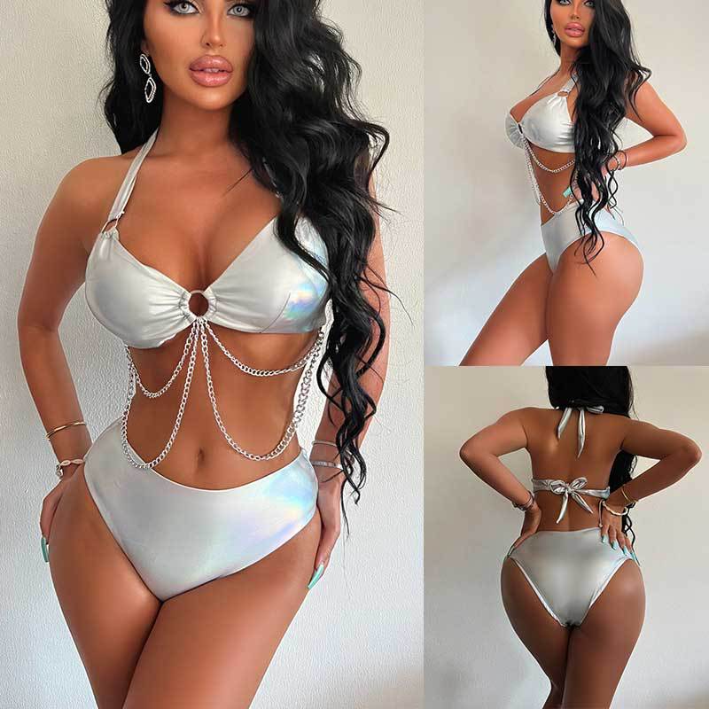 بيكيني مقسوم مع سلسلة معدنية مطبوعة وأداء فضي بدون ظهر - Image 2