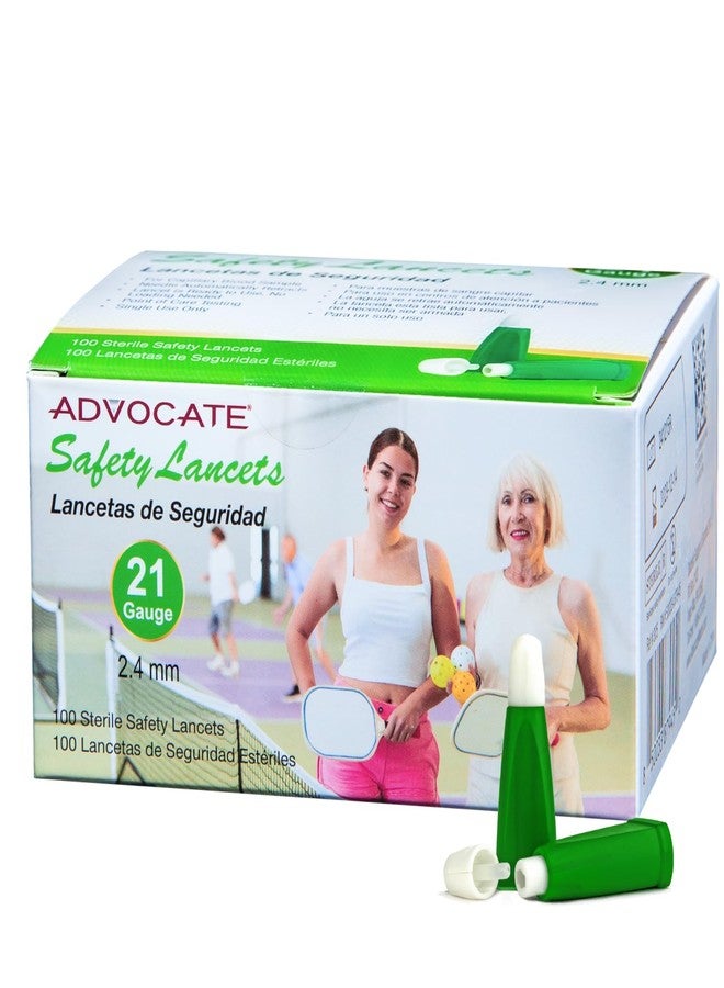 Advocate Pressure Activated Safety Lancets with Automatic Retractable Needle for Blood Sugar Sampling, Green, 21G x 2.4mm, Box of 100 - Image 1
