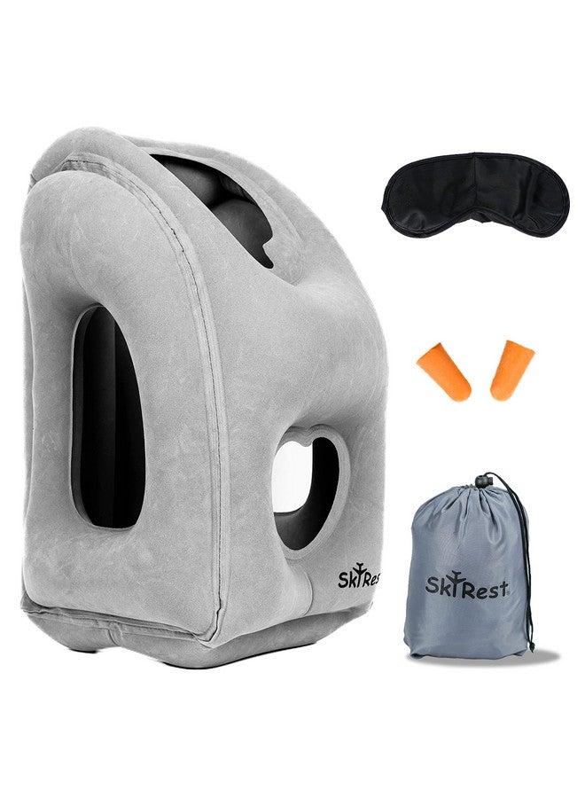 Skyrest Inflatable Travel Pillow - Airplane Pillow for Neck Support on Long Flights, Buses, Cars, Office & Trains - Comes with Eye Mask, Earplugs & Portable Drawstring Bag - Grey - Image 1
