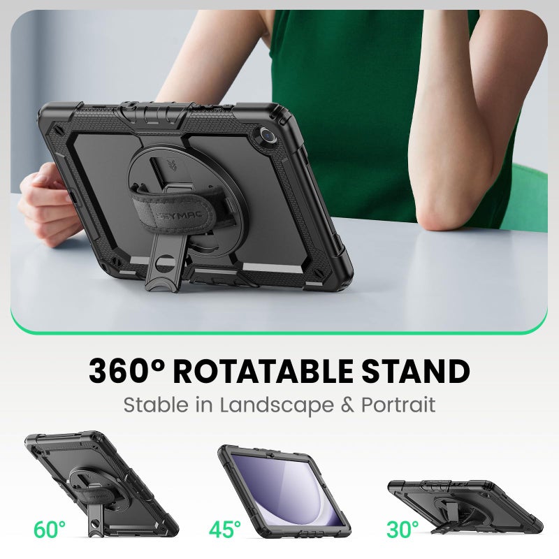 SEYMAC Case for Samsung Galaxy Tab A9+/ A9 Plus Case 11" 2023 (SM-X210/X216/X218), Heavy Duty Shockproof Protective Case with Screen Protector, Rotating Stand and Hand/Shoulder Strap, Black - Image 3