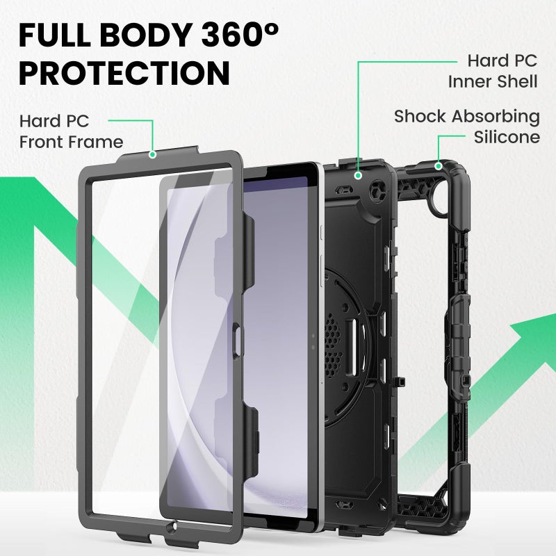 SEYMAC Case for Samsung Galaxy Tab A9+/ A9 Plus Case 11" 2023 (SM-X210/X216/X218), Heavy Duty Shockproof Protective Case with Screen Protector, Rotating Stand and Hand/Shoulder Strap, Black - Image 4