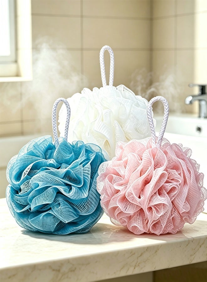 3 Pieces Bath Sponge Shower Loofahs Exfoliator Scrubber Ball ，Mesh Pouf Bath Scrunchies Body Wash Puff for Bathroom Daily Use - Image 1
