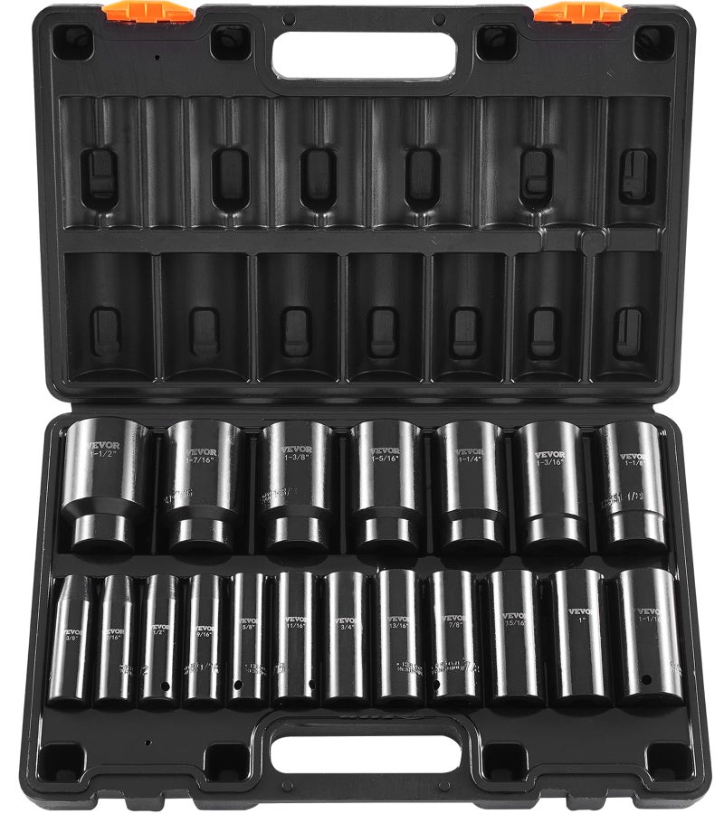 VEVOR Impact Socket Set 1/2 Inches 19 Piece, Deep Socket, 6-Point Sockets, Rugged Construction, Cr-V, 1/2 Inches Drive Socket Set Impact 3/8 inch - 1-1/2 inch, with a Storage Cage - Image 1