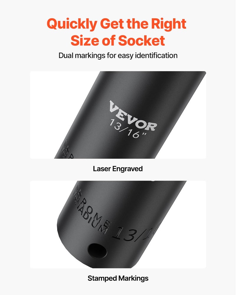 VEVOR Impact Socket Set 1/2 Inches 19 Piece, Deep Socket, 6-Point Sockets, Rugged Construction, Cr-V, 1/2 Inches Drive Socket Set Impact 3/8 inch - 1-1/2 inch, with a Storage Cage - Image 4
