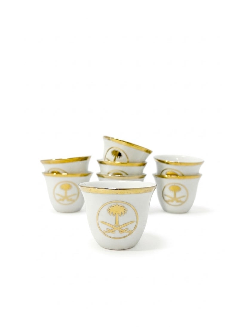 Arabic Gahwa Coffee Cup Set 12 Pieces - Saudi Emblem Gold Design - White Porcelain - Image 1