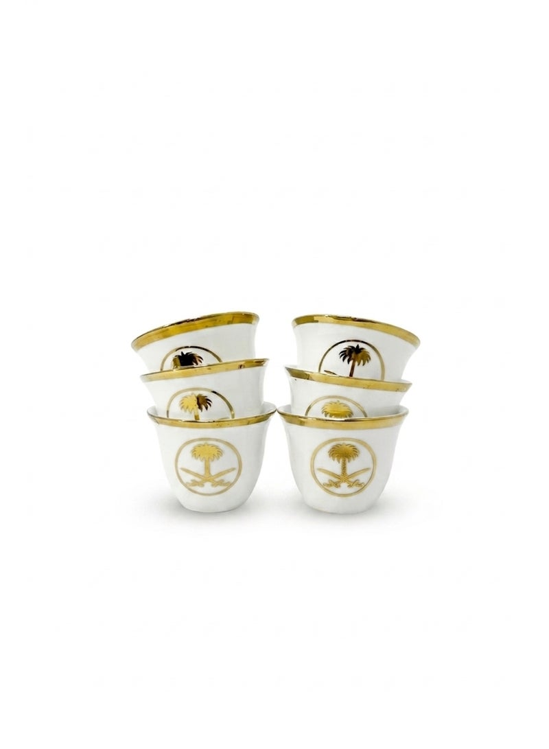 Arabic Gahwa Coffee Cup Set 12 Pieces - Saudi Emblem Gold Design - White Porcelain - Image 3