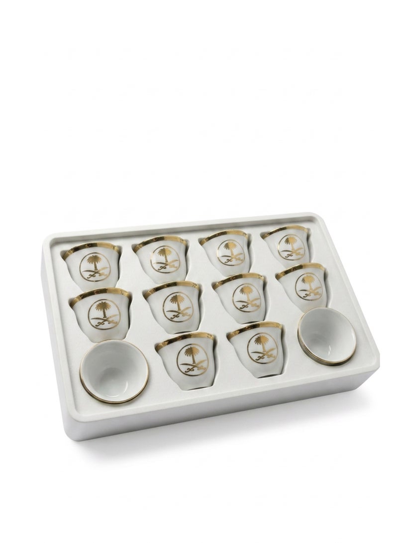 Arabic Gahwa Coffee Cup Set 12 Pieces - Saudi Emblem Gold Design - White Porcelain - Image 5