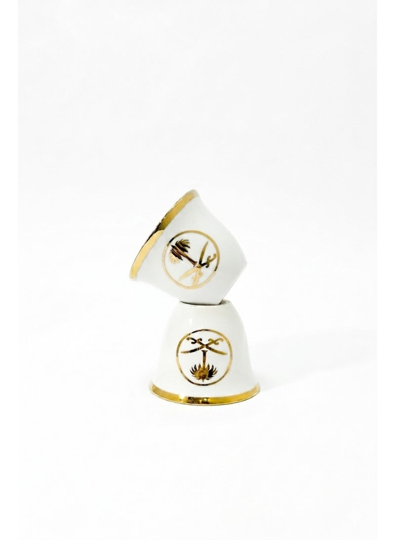 Arabic Gahwa Coffee Cup Set 12 Pieces - Saudi Emblem Gold Design - White Porcelain - Image 4