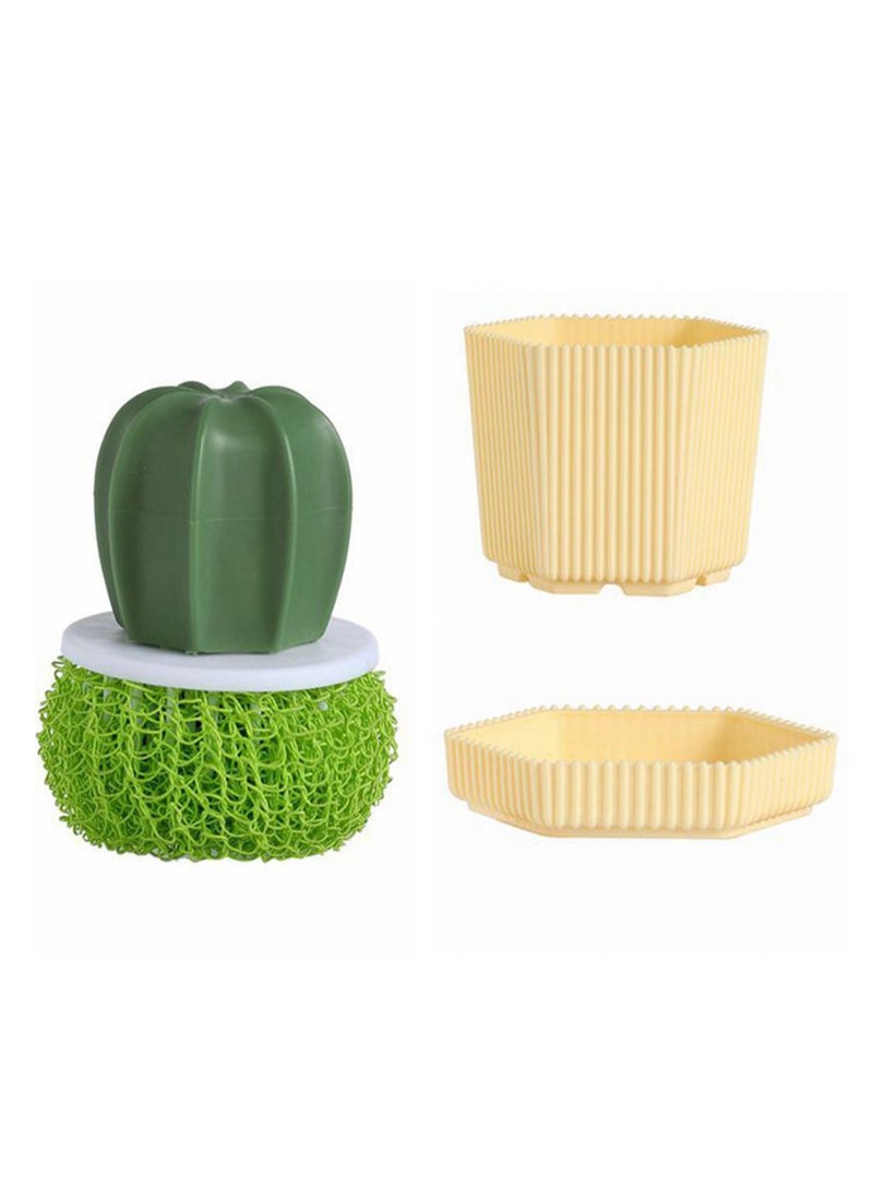 Generic Household Kitchen Cleaning Brush, Cactus Dishwashing Brush Kitchen Brush with Holder Drip Tray for Washing Dish and Cleaning Storage Box with Handle (Green)  - Image 1