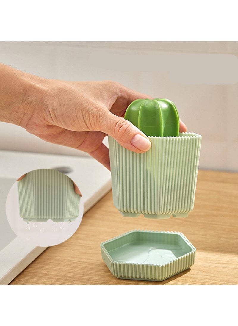 Generic Household Kitchen Cleaning Brush, Cactus Dishwashing Brush Kitchen Brush with Holder Drip Tray for Washing Dish and Cleaning Storage Box with Handle (Green)  - Image 3