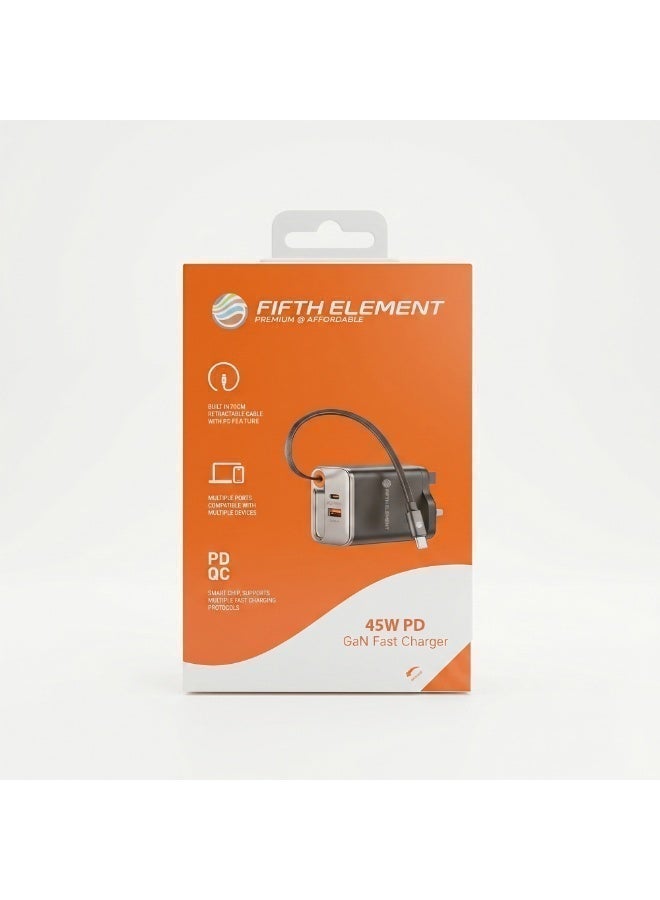 FIFTH ELEMENT HELIX​ Helix 45W GaN Charger with Built-In 70cm Retractable USB-C Cable, Multi-Port PD/PPS Adapter – Black - Image 5