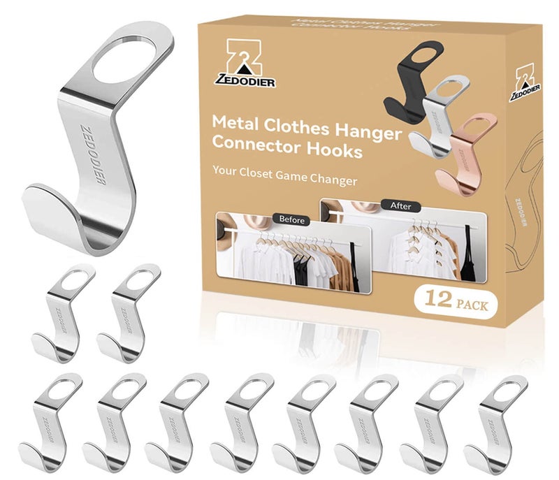 ZEDODIER Metal Clothes Hanger Connector Hooks 12 Pack Super Sturdy Hanger Extender Hooks Efficient Closet Space Saver Easy to Use Suitable for Heavy Clothing Fits All Types of Hangers Silver
