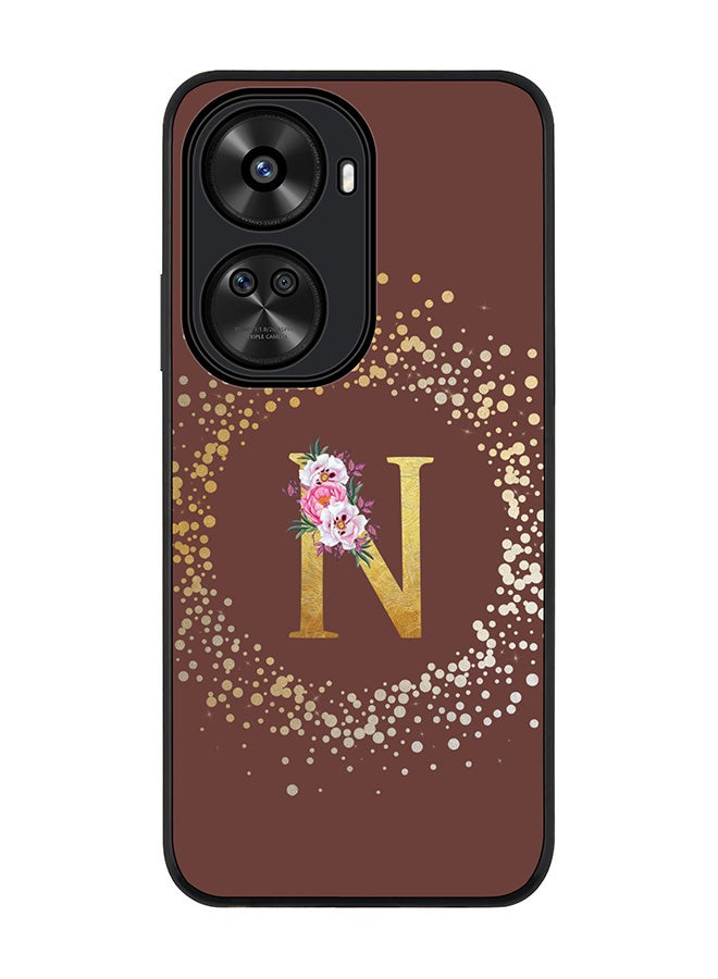 Stylizedd Rugged Black edge case for Huawei nova 12 SE / Huawei nova 11 SE 4G,Slim fit Cover Custom Monogram Initial Letter Floral Pattern Alphabet - N (Brown) - Image 1