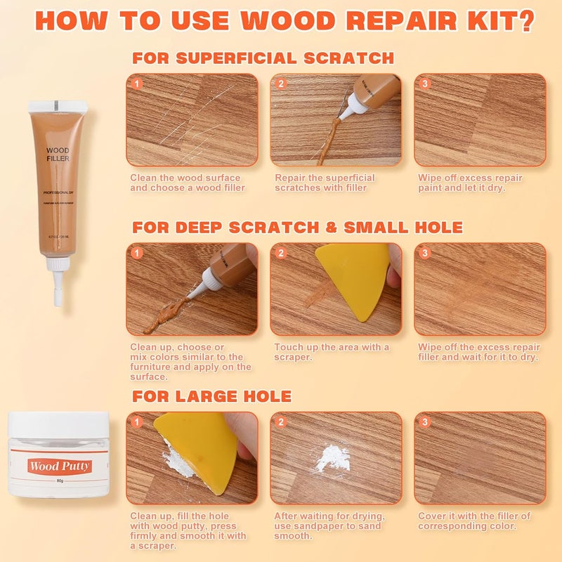 Kenbry 3 Colors Wood Filler Repair Kit,Wood Putty and Woods Filler Laminate Floor Repair Kit for Scratch Cover & Restore Laminate Scratch, Cracks, Hole, Restofinisher Wooden Door, Furniture, Table, Cabinet - Image 2