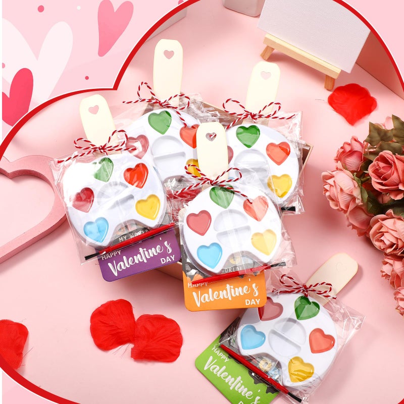 Noveread 24 Set Valentine's Day Gifts for Kids Watercolor Paint Sets with Cards Heart Shaped Watercolor Paint Sets for Kids Class Valentines Party Favors School Classroom Exchanges Gift(Heart Style) - Image 2