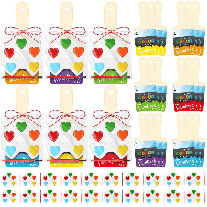 Noveread 24 Set Valentine's Day Gifts for Kids Watercolor Paint Sets with Cards Heart Shaped Watercolor Paint Sets for Kids Class Valentines Party Favors School Classroom Exchanges Gift(Heart Style) - Image 1