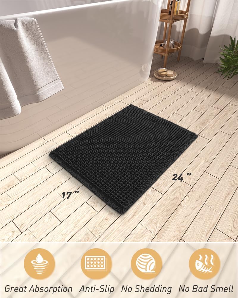 AMOAMI Upgraded Waffle Bath Mat, Super Absorbent Non Slip Bath Mats for Bathroom Floor, Machine Washable Bathroom Rugs with Tassels, Rubber Backed Bathroom Mats, Ultra Soft, 17" x 24", Black - Image 2