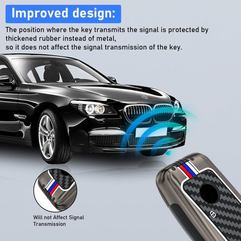 Jaronx Compatible with BMW Key Fob Cover X5 X6 2025/ 2 3 5 7 X1 X7 iX i7 XM 2023-2026, Metal Keys Holder with Carbon Fiber Pattern Silicone Rubber Remote for BMW Accessories(1 Set) - Image 3