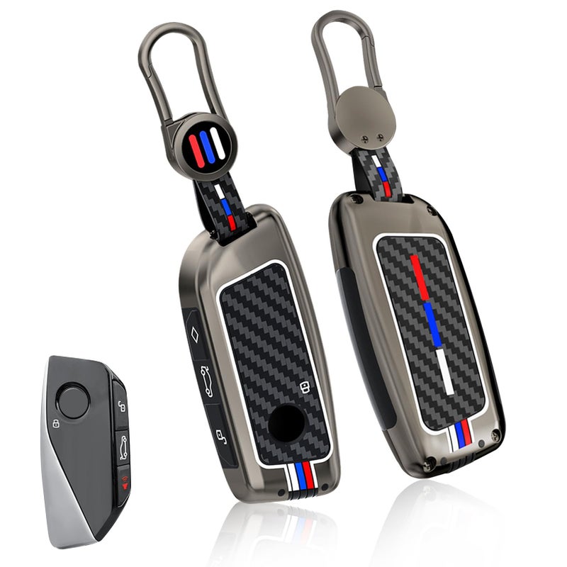 Jaronx Compatible with BMW Key Fob Cover X5 X6 2025/ 2 3 5 7 X1 X7 iX i7 XM 2023-2026, Metal Keys Holder with Carbon Fiber Pattern Silicone Rubber Remote for BMW Accessories(1 Set) - Image 1