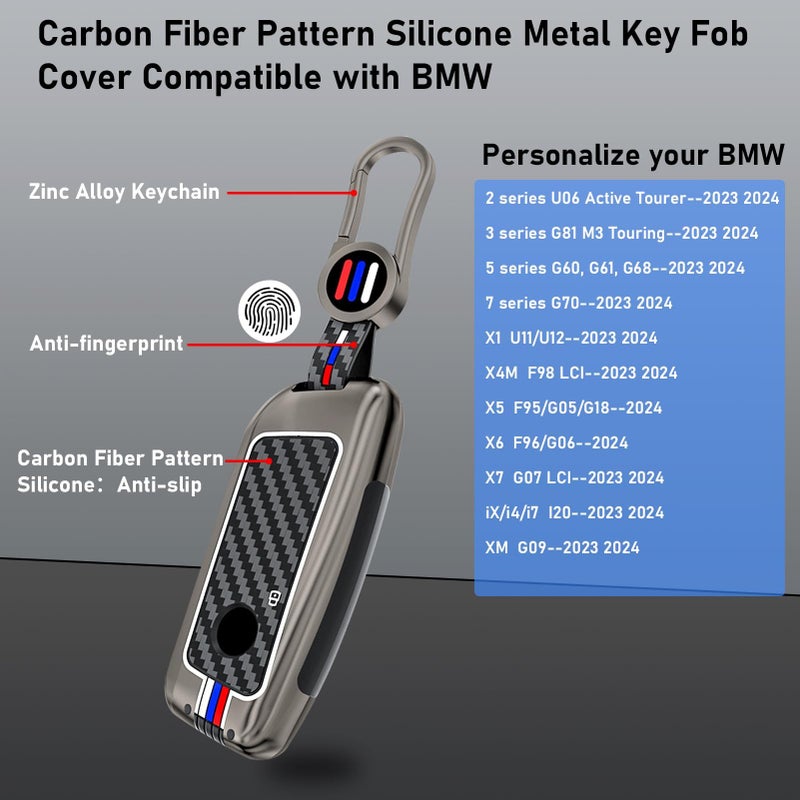 Jaronx Compatible with BMW Key Fob Cover X5 X6 2025/ 2 3 5 7 X1 X7 iX i7 XM 2023-2026, Metal Keys Holder with Carbon Fiber Pattern Silicone Rubber Remote for BMW Accessories(1 Set) - Image 5