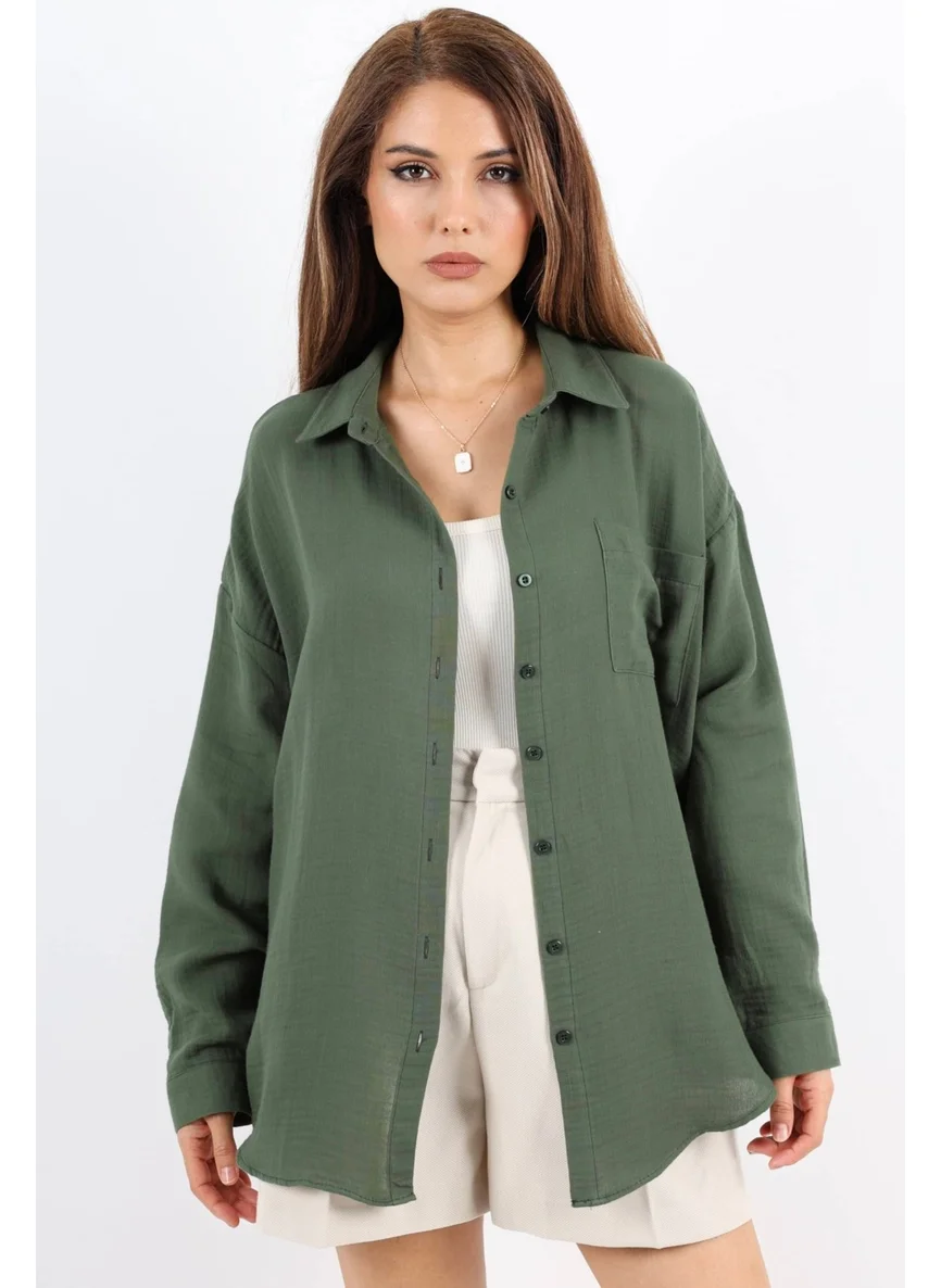 Ritnice Women's Soft Muslin Fabric Long Khaki Oversize Shirt