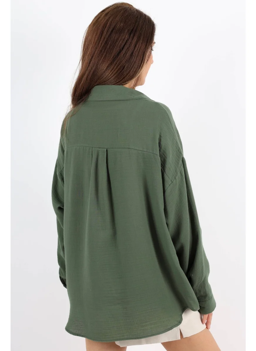 Ritnice Women's Soft Muslin Fabric Long Khaki Oversize Shirt