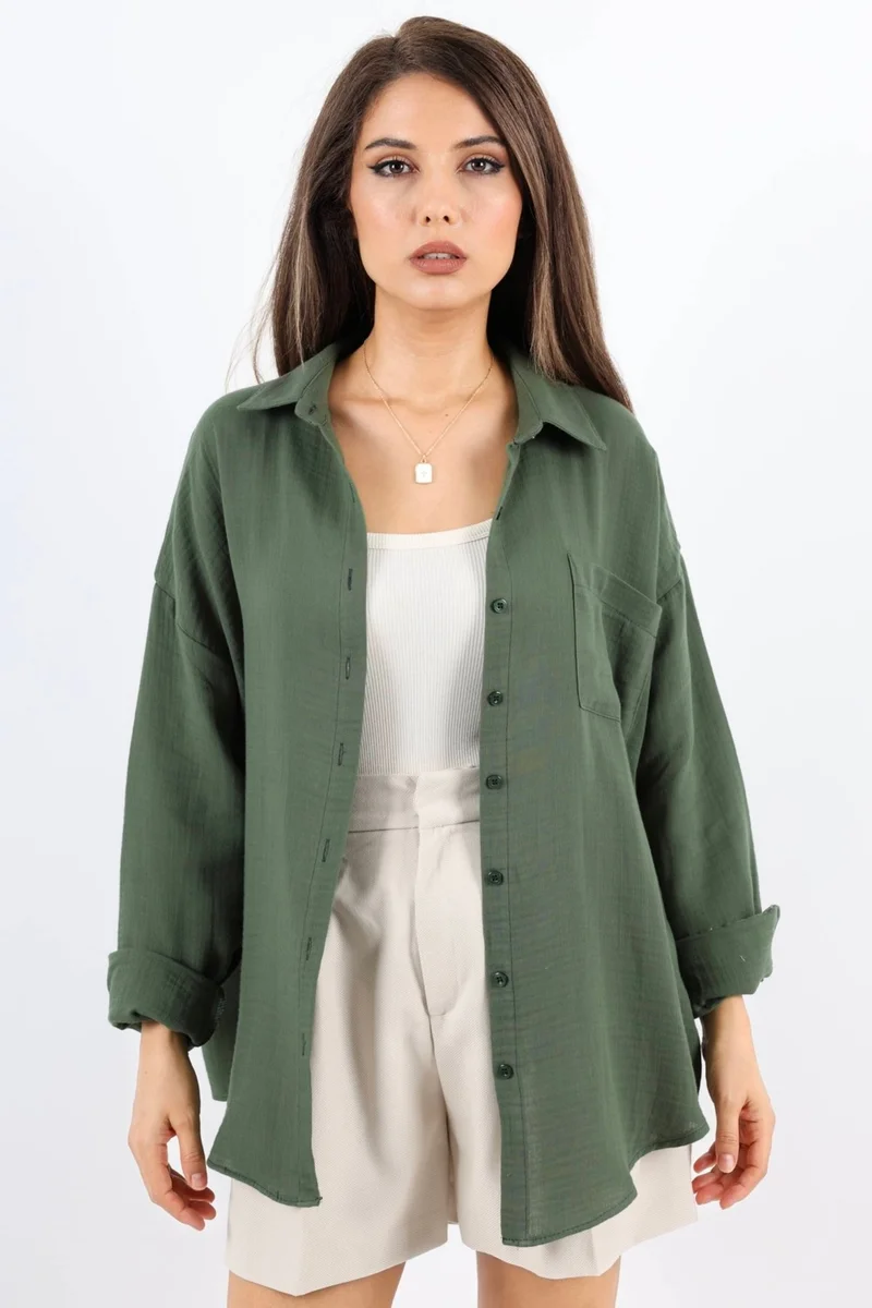 Ritnice Women's Soft Muslin Fabric Long Khaki Oversize Shirt