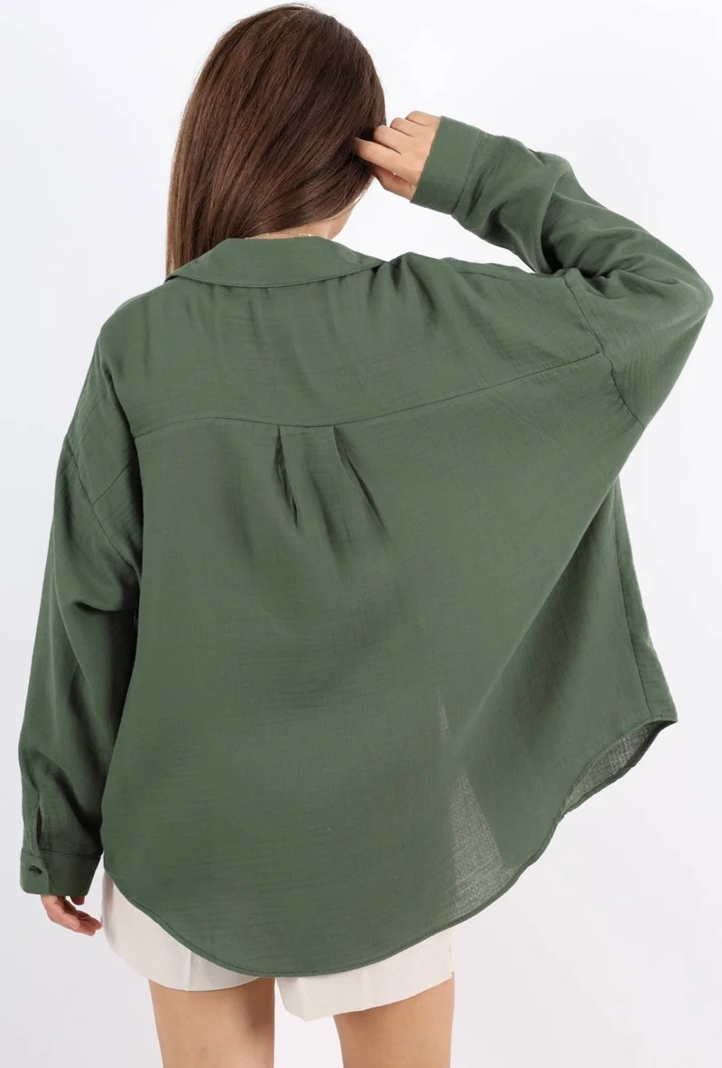 Ritnice Women's Soft Muslin Fabric Long Khaki Oversize Shirt