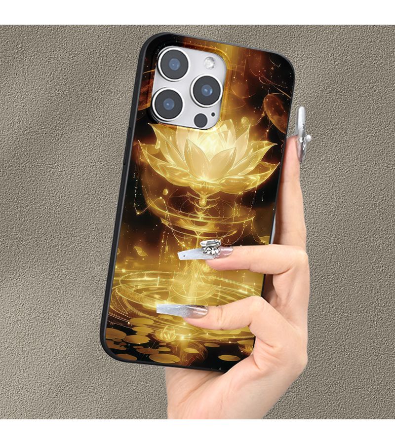 هاتف آيفون 13 برو ماكس جراب مقاوم للصدمات بلمسة سوداء غير لامعة مقاوم للسقوط تصميم نقش زهرة اللوتس الذهبية هدية للرجال والنساء - Image 3