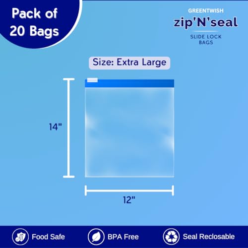 GREENTWISH Zip 'N' Seal (Pack of 20) Slider Zip Lock Bag for Food Storage, Freezer/Microwave Safe, LDPE Transparent Zipper Bag, Vegetable Bags For Fridge Storage | Size: Extra Large (12 x 14 Inch) - Image 2