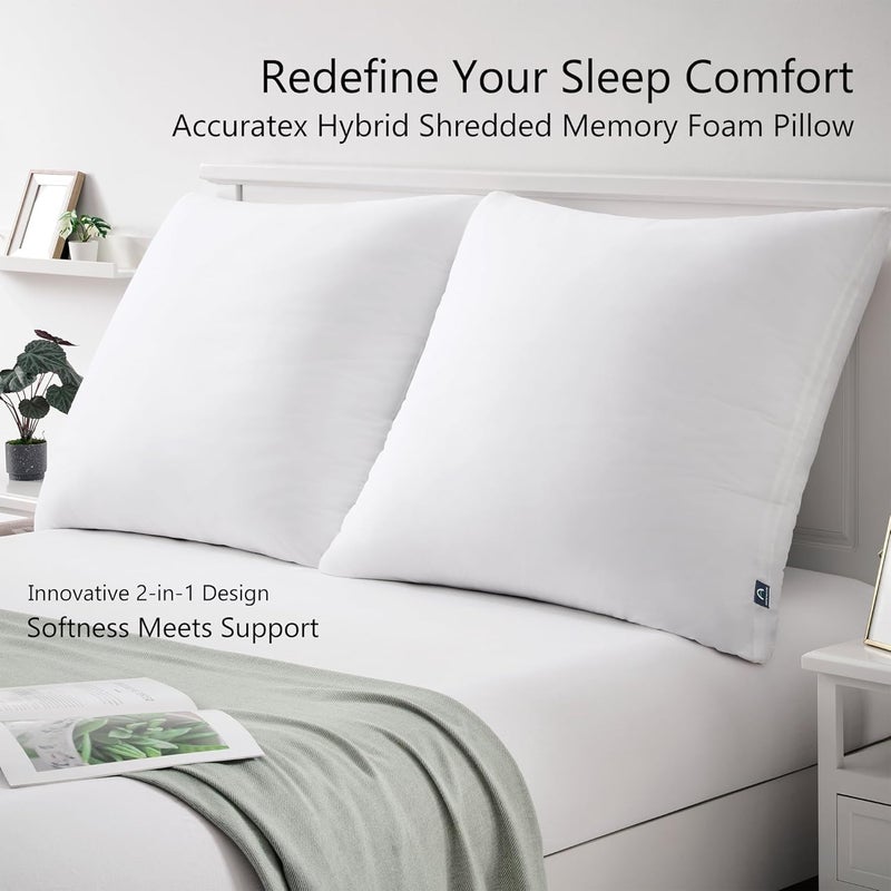 ACCURATEX Set of 2 Hybrid Memory Foam Pillows 40 x 40 cm with Removable Cotton Cover and Microfiber Filling (Height Adjustable), Ergonomic Neck Pillow for Sleeping - Image 2