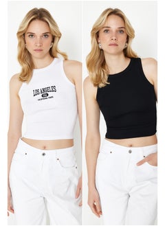 trendyol Black-White Embroidered 2-Pack Fitted Crop Halter Neck Ribbed Flexible Knitted Undershirt TWOSS21AL0058  - Image 1