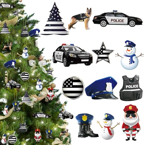 Woanger 60 Pieces Police Christmas Ornaments Police Shield Car Wooden Ornaments Decorative Hanging Officer Gifts Policeman Boots American Flag Waistcoat Christmas Tree Ornament - Image 1