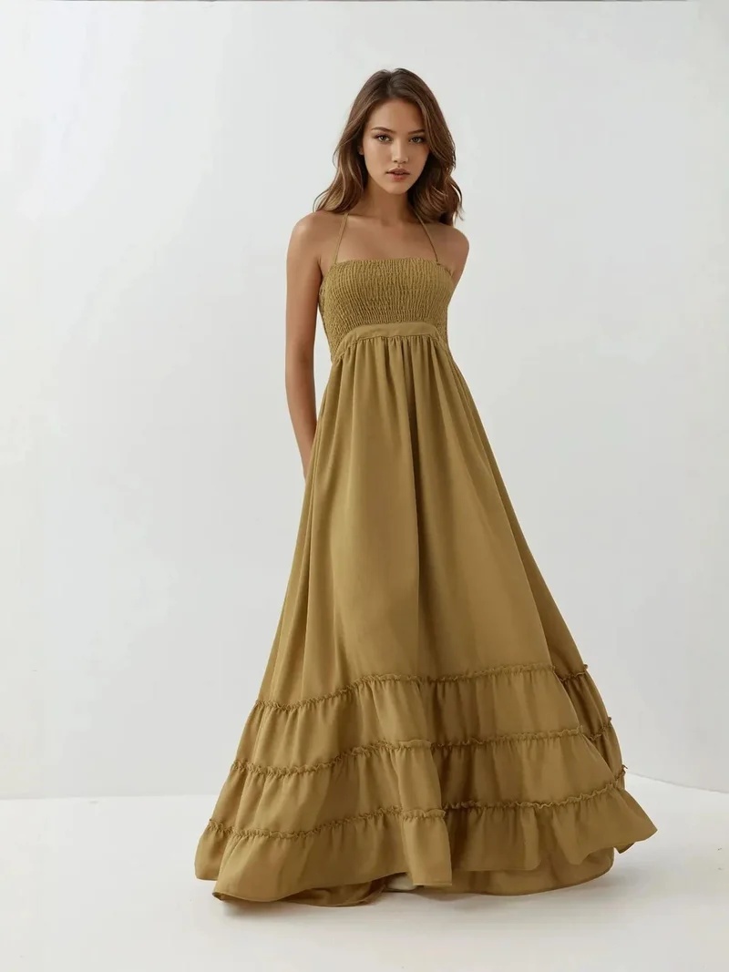 HICCUP Textured Maxi Dress with Square Collar