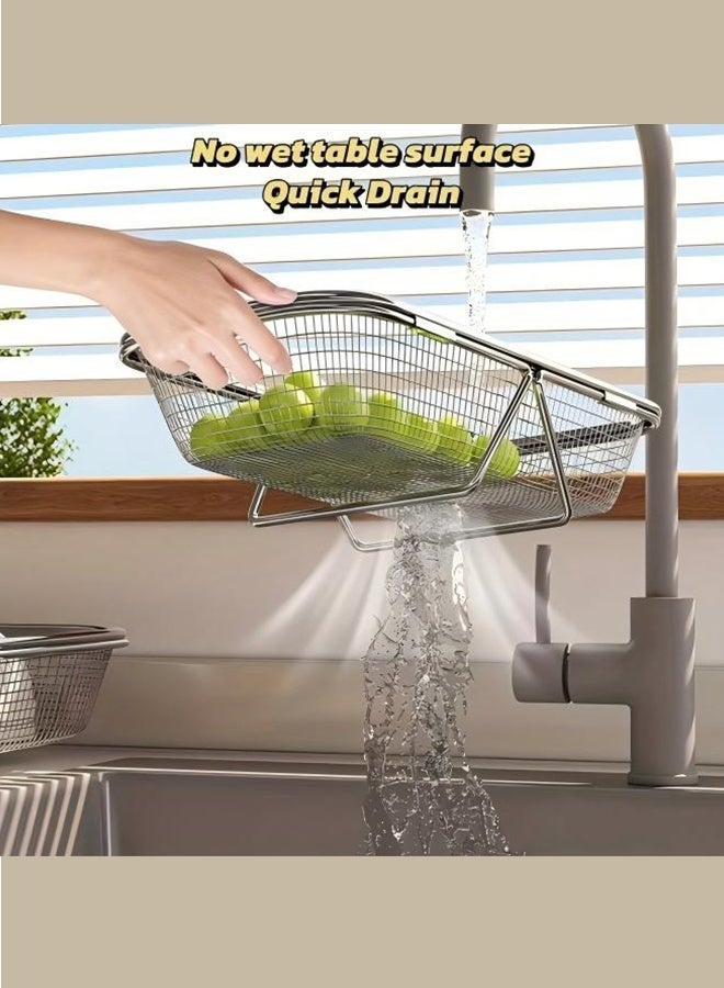 هاهاهاي سلة مصفاة قابلة للتوسيع من الفولاذ المقاوم للصدأ فوق الحوض ، سلة تصريف ، مصفاة شبكية دقيقة قابلة للتعديل مع مقابض لشطف الخضار والفواكه والمعكرونة ، أدوات كبيرة لأدوات المطبخ ، متينة وسهلة التنظيف (45.5 × 24.5 × 8 سم) - Image 3