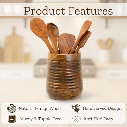 Mie Creations Rustic 7'' Large Utensil Crock Holder for Kitchen Countertop | Wooden Cooking Spatula Organizer for Party, Mother's Day Wood Utensils Caddy, Vintage Kitchen Counter Decor-Dark Brown - Image 4