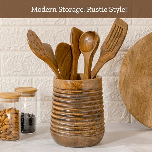 Mie Creations Rustic 7'' Large Utensil Crock Holder for Kitchen Countertop | Wooden Cooking Spatula Organizer for Party, Mother's Day Wood Utensils Caddy, Vintage Kitchen Counter Decor-Dark Brown - Image 2
