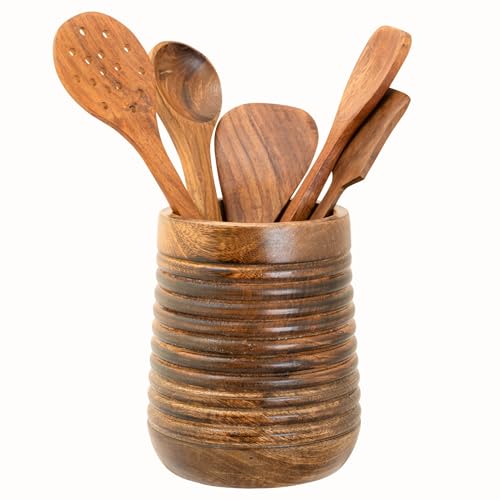 Mie Creations Rustic 7'' Large Utensil Crock Holder for Kitchen Countertop | Wooden Cooking Spatula Organizer for Party, Mother's Day Wood Utensils Caddy, Vintage Kitchen Counter Decor-Dark Brown - Image 1
