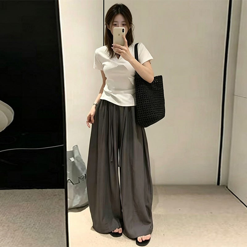 Women's High Waist Drawstring Wide Leg Casual Pants Korean Style Summer - Image 1